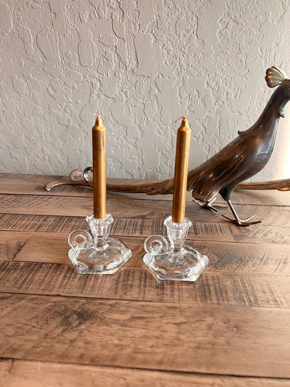 Vintage Heisey Small Candle Holders Glass Chambersticks Mini Candlesticks 
