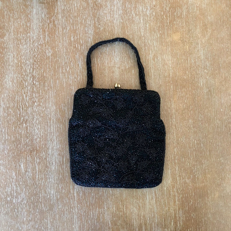 Vintage Black Beaded Evening Bag Majid Purse Little Black Bag image 1