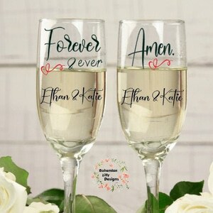 Forever and Ever Wedding Set of Glasses for Bride and Groom ~ Personalized Wedding Champagne Toasting Flutes ~ Add Names and Date