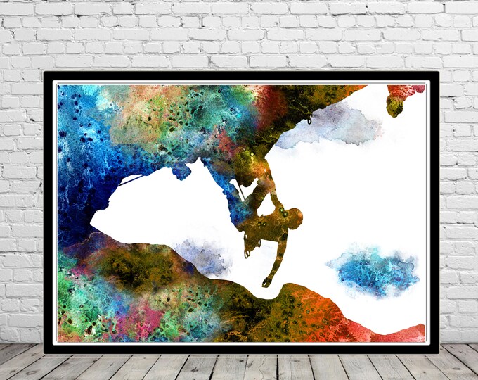 Rock climbing extreme sport man watercolor wall art print climbing man climber birthday gift personalized gifts wall hanging room decor