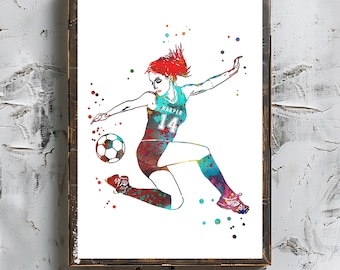 Fußballspielerin Mädchen mit Ball, personalisierte Kunst, individueller Name und Nummer, Sport-Aquarelldruck, weibliche Fußballspielerin, digitaler Download