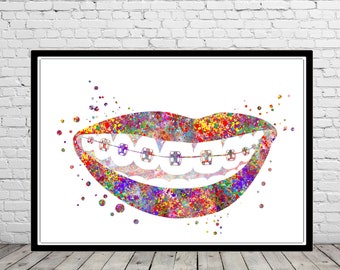 Teeth braces watercolor print dental anatomy medical art dental hygenist gift dentist office decor implant art orthodontic orthodontist