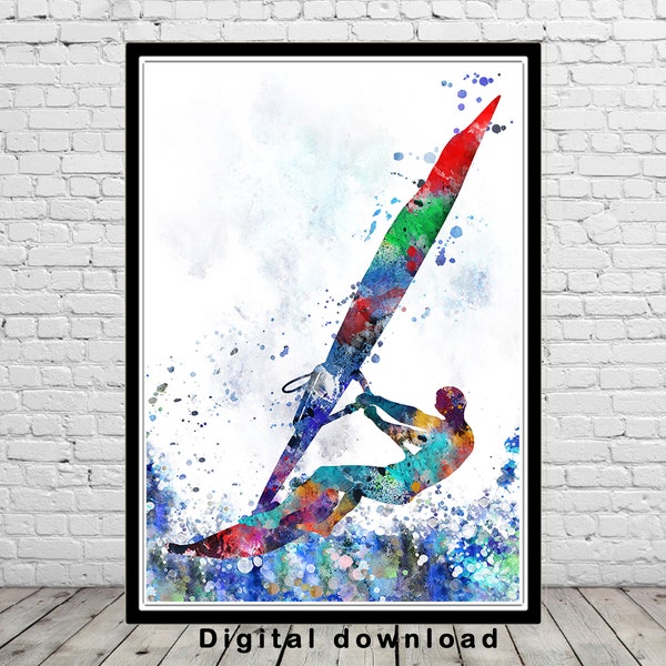 Windsurfer acquerello stampa download digitale windsurf arte windsurf sport arredamento acqua sport mare vita windsurf oceano arte