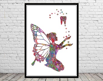Tooth Fairy Watercolor Print the First Tooth Wall Art Medical Art Teeth Print Dentist Gift Dental Clinic Decor Hygienist Oral Cavity