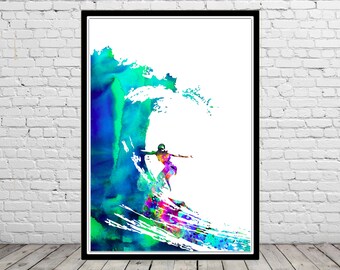 Surfer girl wall art watercolor print surf lover gift ocean art surfboard wave sea life unique birthday gift personalized gifts home decor