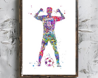 Soccer Player Male With Ball Personalized Art Custom Name and Number Digital Download Printable Art Sport Watercolor