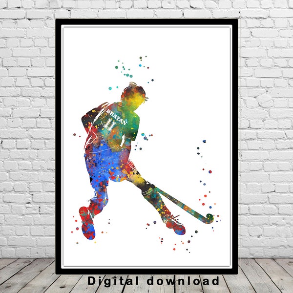 Feldhockey Spieler Junge personalisierte Kunst Benutzerdefinierte Name und Nummer Digital Download druckbare Kunst Sport Aquarell Feldhockey