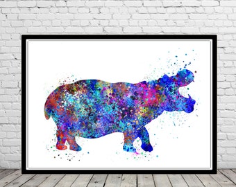 Hippo watercolor print Hippo hippopotamus wall art wild animal home decor animal lover gift wild nature