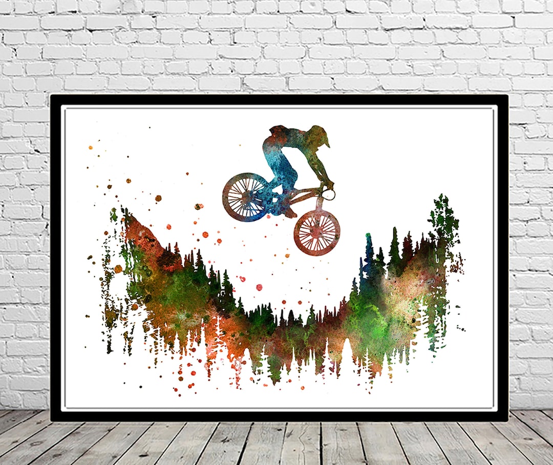 Mountain Biking Wall Art Watercolor Print Mountain Sport Etsy