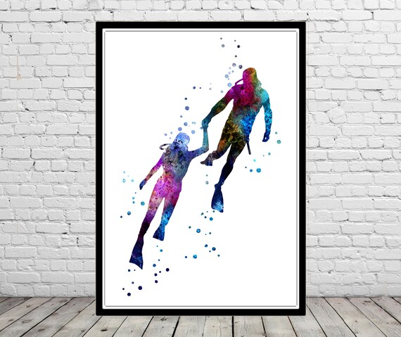 Scuba Couple Love Watercolor Print Divers Sport Gift Scuba Art Print Wall Art