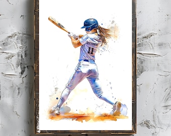 Baseball Batter Player Girl Female Sport Fit Girl Personalized Art Custom Name and Number Sport Watercolor Print Female Digital Download