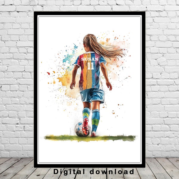 Soccer Player Little Girl With Ball Personalized Art Custom Name and Number Digital Download Printables Art Sport Watercolor Football Player