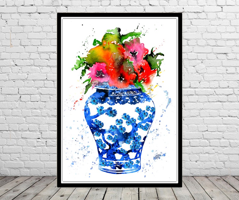 Ming Vase Blue and White China Vase Chinoiserie Print Ming Etsy