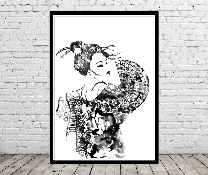 fashion illustration Geisha poster girly art teen girl wall art Geisha with fan fan Geisha and fan Geisha Geisha art