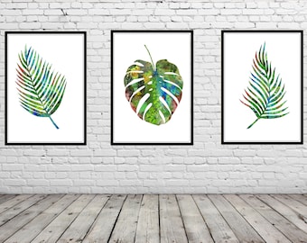 Palm leaves watercolor print tropical palm leaves set of 3 print botanical print monstera deliciosa wall art birthday personalized gifts
