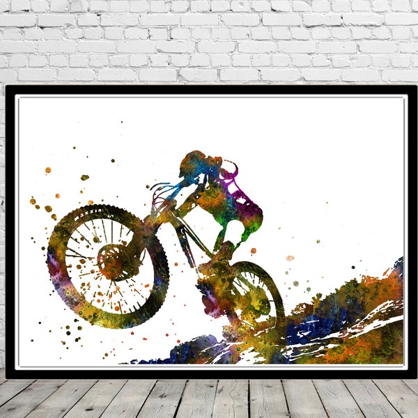 Mountain biking watercolor print wall art bike sport poster mountain biking art watercolor mountain cycling fans gift personalized gifts