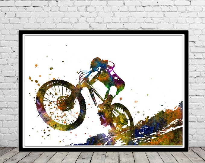Mountain biking watercolor print wall art bike sport poster mountain biking art watercolor mountain cycling fans gift personalized gifts