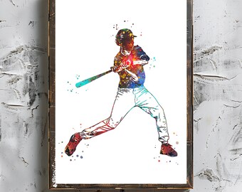 Giocatore di baseball ragazzo con una mazza arte personalizzata nome personalizzato e numero Sport acquerello stampa giocatore di softball maschile download digitale