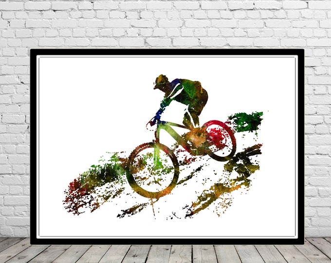Mountain biking watercolor print wall art bike sport poster mountain biking art watercolor mountain cycling fans gift personalized gifts