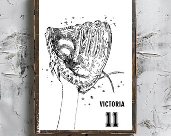 Softball Catcher's Mitt mit Ball Personalisierte Kunst Benutzerdefinierte Name und Nummer Sport Aquarell Druck Digital Download Mädchen Name Junge Name