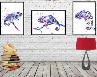 Chameleon watercolor set chameleon print wall art watercolor print chameleon poster set of 3 print