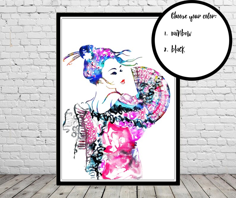 fashion illustration Geisha poster girly art teen girl wall art Geisha with fan fan Geisha and fan Geisha Geisha art