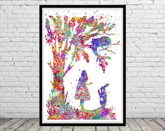 Alice au pays des merveilles cadeau d'anniversaire impression aquarelle cadeaux personnalisés tenture murale chat de Cheshire art mural lapin blanc nous sommes tous fous ici