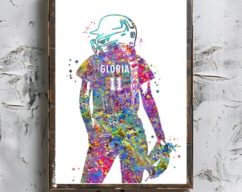 Softball Spieler Mädchen weiblich Sport Fit Girl personalisierte Kunst benutzerdefinierte Name und Nummer Sport Aquarell Druck weiblich digitaler Download