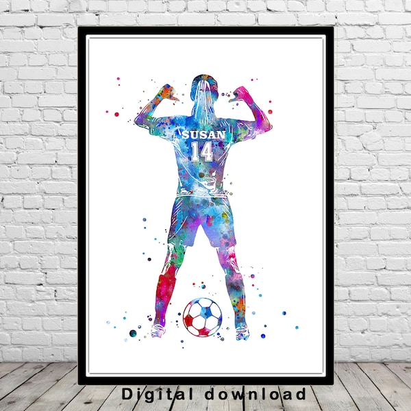 Soccer Player Girl with Ball Personalized Art Custom Name Number Digital Download Sport Lover Gift Watercolor Printable Art