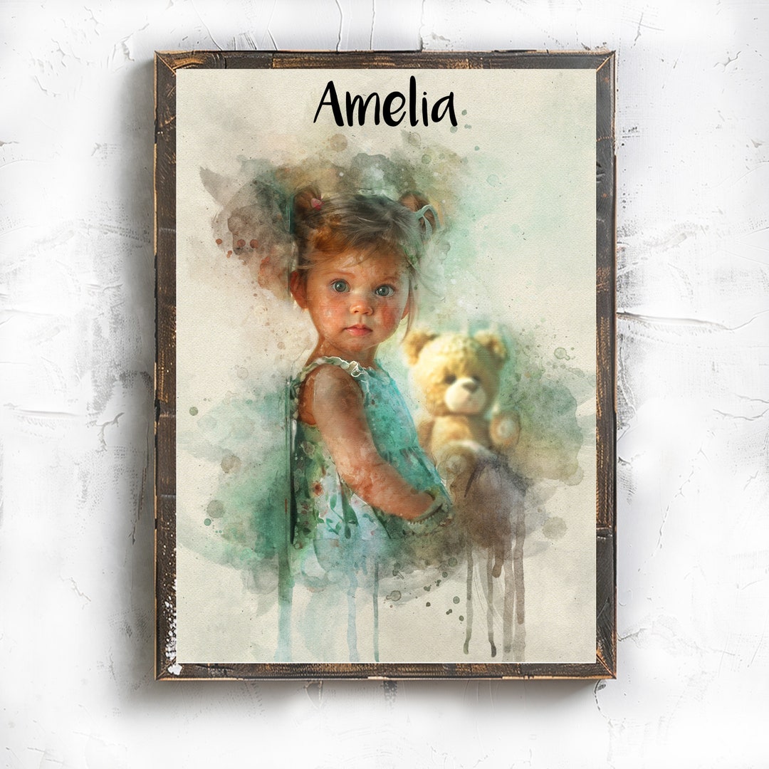 Personalized Portrait Little Girl With a Teddy Bear Custom Painting