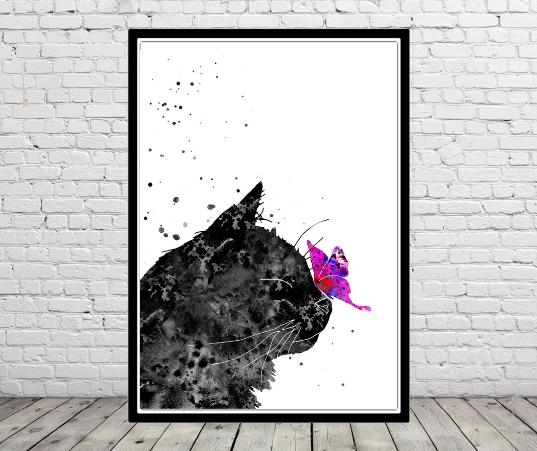 Cat and Butterfly Watercolor Print Black Cat and Butterfly Etsy