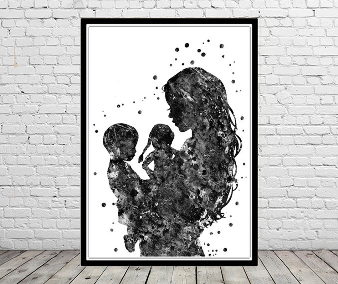 Mother With Daughter and Son Watercolormother With Family Watercolor