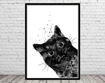 Cat peeking watercolor print black cat wall art cat lover gift kitty art animal poster cat lover gift birthday gift personalized gifts