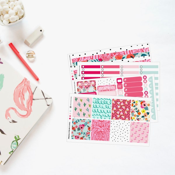 May Planner Sticker Kit for Erin Condren HORIZONTAL Planner Stickers, 70 stickers, Pink and Aqua Floral Planner Kit