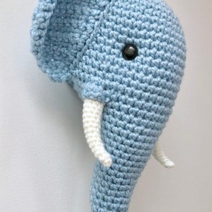 Crochet medium size elephant head wall mount trophy, light blue color