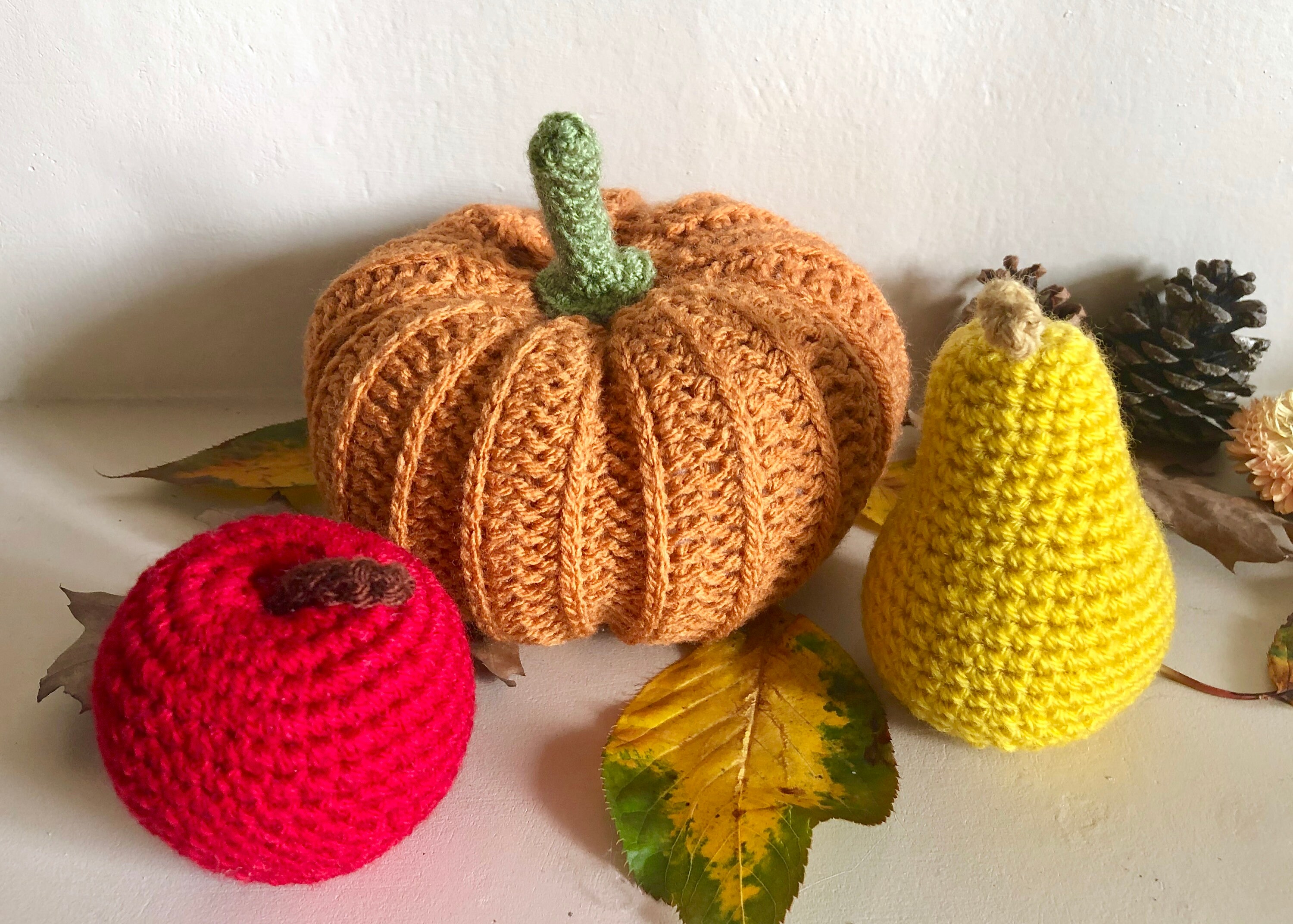 Composition d'automne Au Crochet Décorative Pomme Poire Citrouille