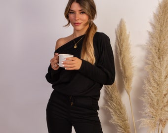 Conjunto de jogger Loungewear en negro / Conjunto de pantalón y jersey de mujer