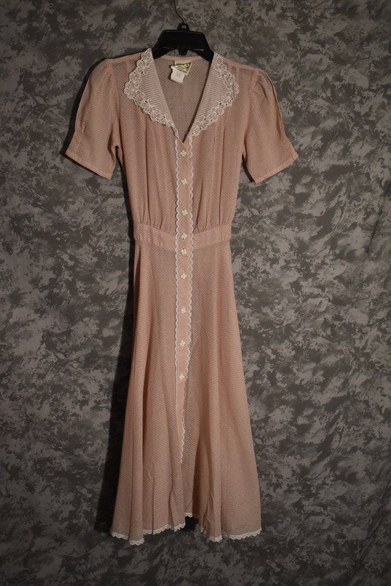 1970's Gunne Sax Sheer Pink Polka Dot Dress