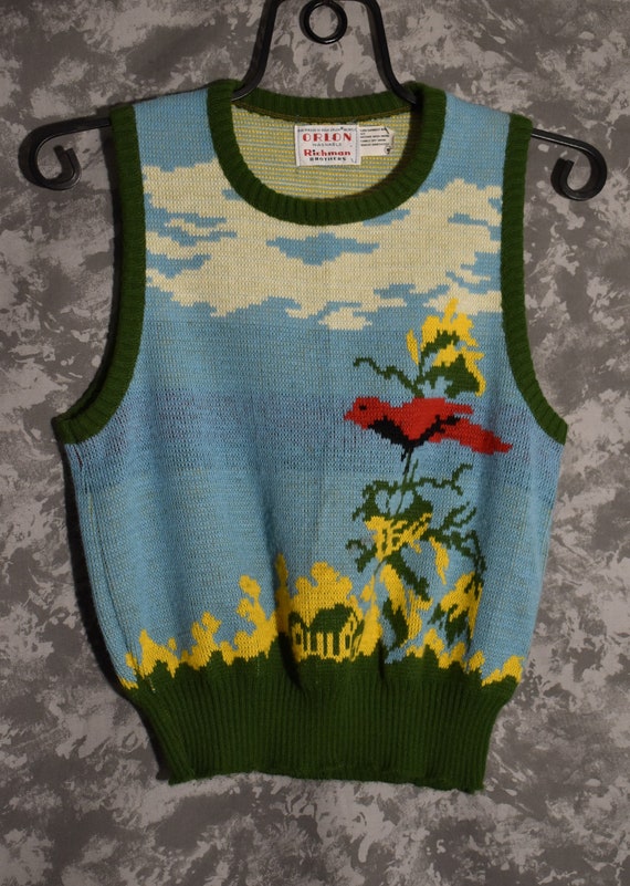 1970's Sweater Vest with Red Bird on Tree