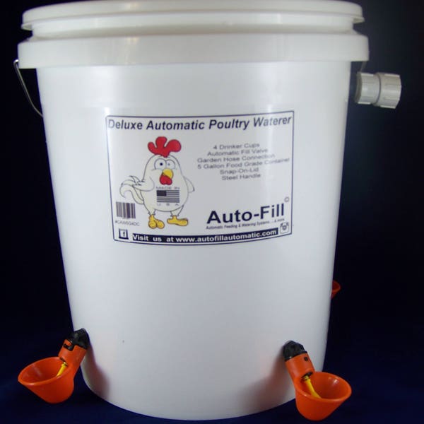 DELUXE   Automatic Hanging Chicken Waterer 4 Drinker Cups 5 Gallon -  Garden Hose Connection - Made in USA