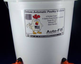 Manual Fill - DELUXE   Automatic Hanging Chicken Waterer 4 Drinker Cups 5 Gallon -  Made in USA