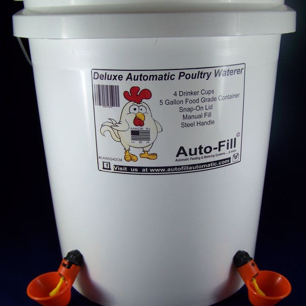 Manual Fill - DELUXE   Automatic Hanging Chicken Waterer 4 Drinker Cups 5 Gallon -  Made in USA