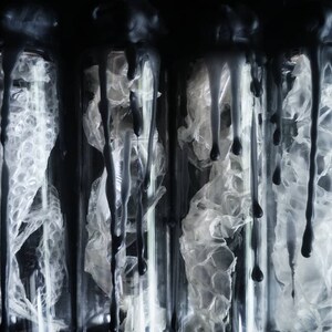 May include: Three glass cylinders filled with white, translucent, organic material. Black wax drips down the sides of the cylinders, creating a dramatic and abstract effect.