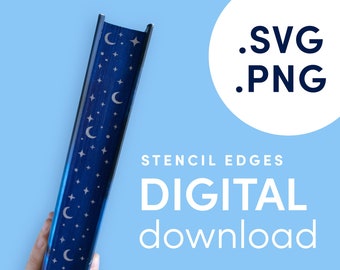 Puede incluir: Un libro azul con un patrón de media luna y estrellas blancas en el lomo. El texto "STENCIL EDGES DIGITAL download" es visible debajo del libro. El texto ".SVG .PNG" es visible en un círculo blanco.