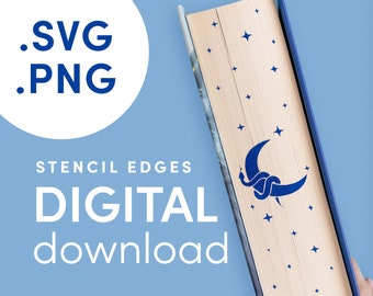 Puede incluir: Descarga digital de un diseño de plantilla que presenta una luna creciente con una serpiente enroscada alrededor y una dispersión de estrellas. El diseño se muestra en el lomo de un libro con una textura de madera. El texto "STENCIL EDGES DIGITAL download" también se incluye en la imagen.
