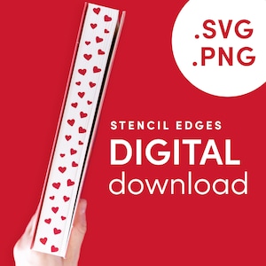 Puede incluir: Una mano sostiene un libro con una columna vertebral blanca y corazones rojos a lo largo del borde. El fondo es rojo y presenta el texto "STENCIL EDGES DIGITAL download" y un círculo blanco con el texto ".SVG .PNG".