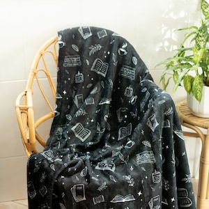 Bookish Pattern Throw Blanket | Black Throw Blanket with Books Pattern, Book Lover Blanket, Reader Blanket, Books and Stars, Couch Blanket