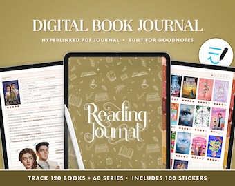 May include: A digital book journal for the Goodnotes app with a gold background and a pattern of books, coffee cups, and typewriters. The journal has a section for tracking 120 books and 60 series. It includes 100 stickers.