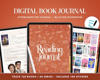 Digital Book Journal | Hyperlinked Reading Journal, Vertical (Portrait), Autumn Colors, Digital Reading Log, Goodnotes, Rust Cover