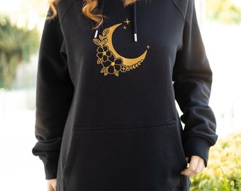 Moon and Flowers Embroidered Hoodie | Black and Gold Embroidered Eco Hoodie, Celestial Hoodie, Unisex Hoodie, Organic Cotton Hoodie